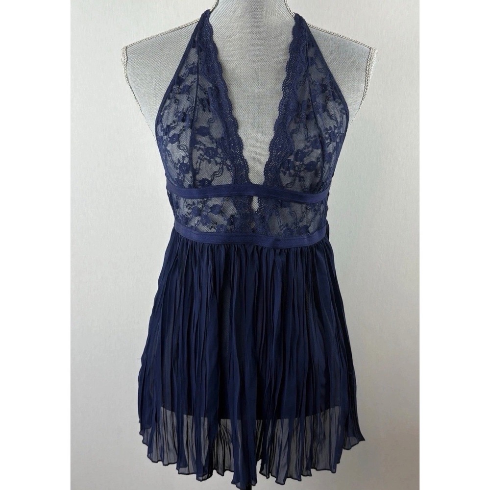 Victoria's Secret Babydoll Women Medium Navy Blue Lace Halter Pleated Chemise